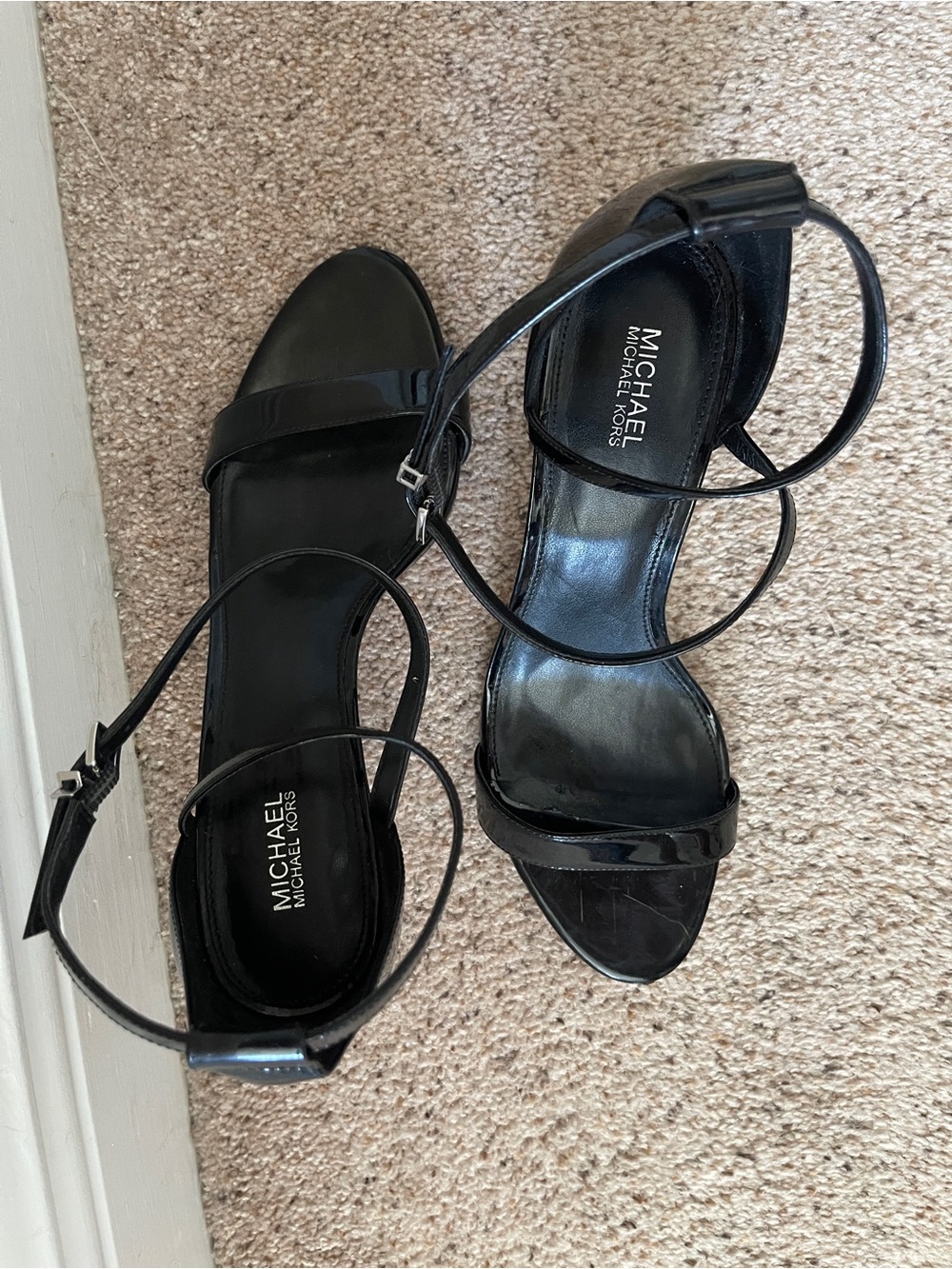 Michael Kors Black Patent Strappy Ankle-Heel Sandals 2.5 inch heel. Size 9.5